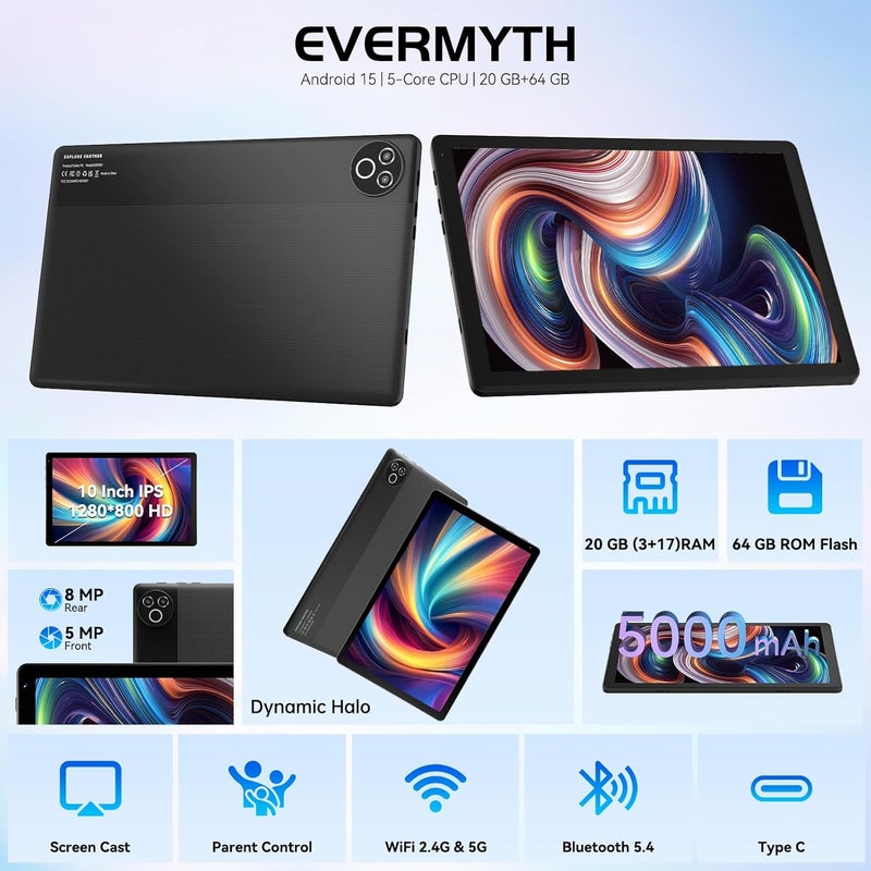 Evermyth تابلت 10 بوصة بنظام أندرويد 15 معتمد من GMS تابلت PC بسرعة 1.8 جيجاهرتز 5-نواة 20 (3+17) جيجابايت RAM 64 جيجابايت ROM قابل للتوسيع 1 تيرابايت شاشة لمس HD IPS بدقة 1280x800 بطارية 5000 مللي أمبير واي فاي 6 بلوتوث 5.4 كاميرا مزدوجة 2025 (أسود) - Image 2